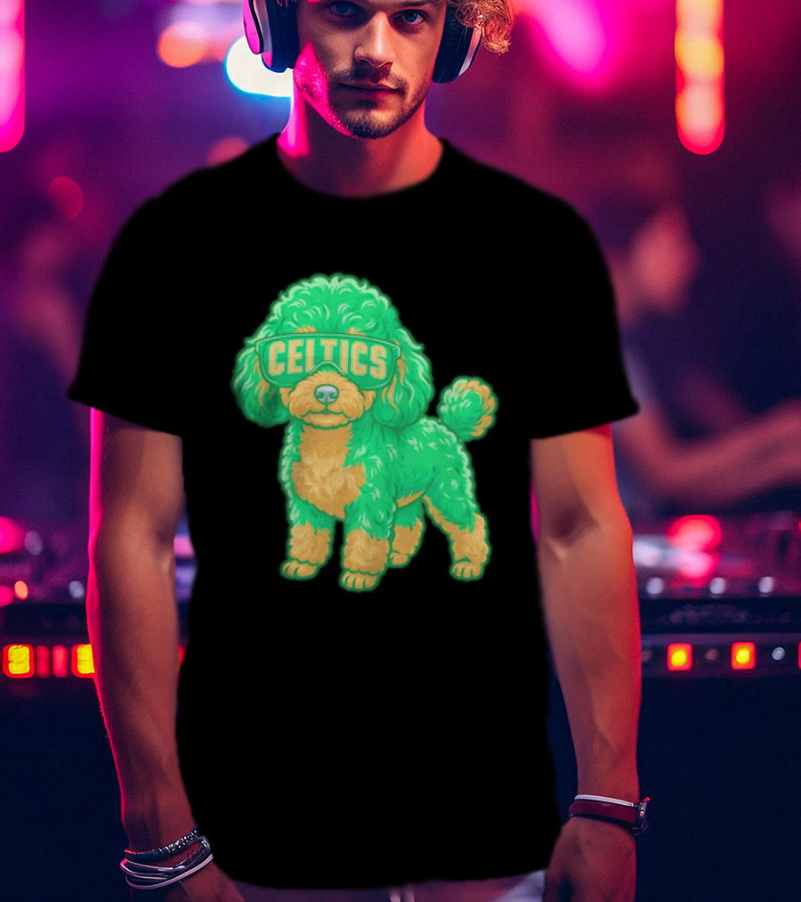 Boston Celtics Teacup Poodle Cartoon With Celtics Sunglasses T-Shirt