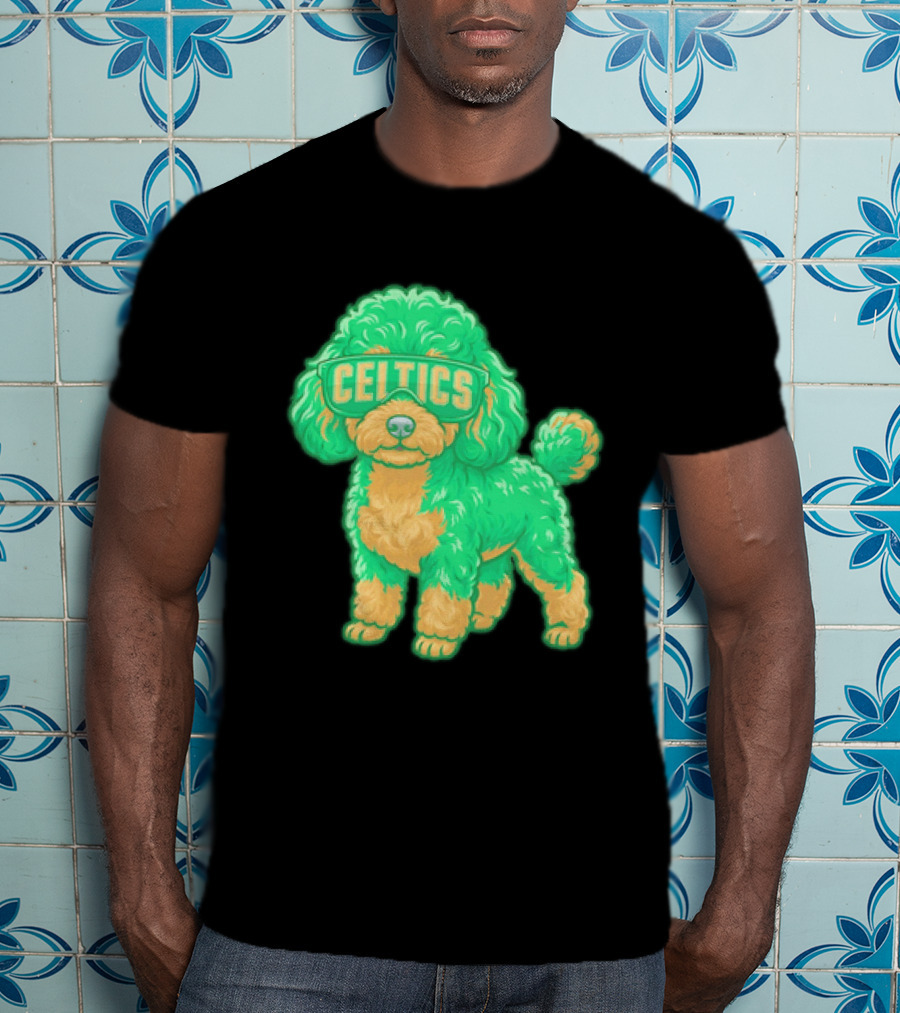 Boston Celtics Teacup Poodle Cartoon With Celtics Sunglasses T-Shirt