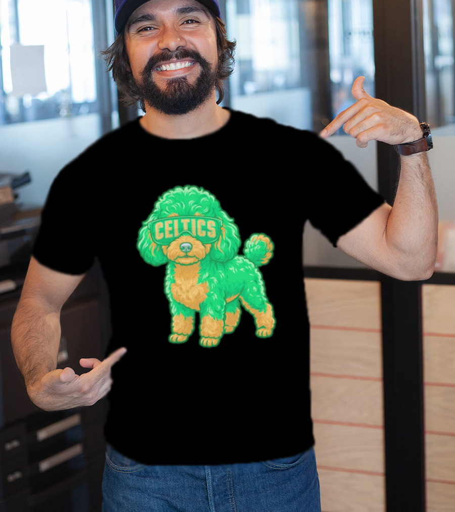 Boston Celtics Teacup Poodle Cartoon With Celtics Sunglasses T-Shirt