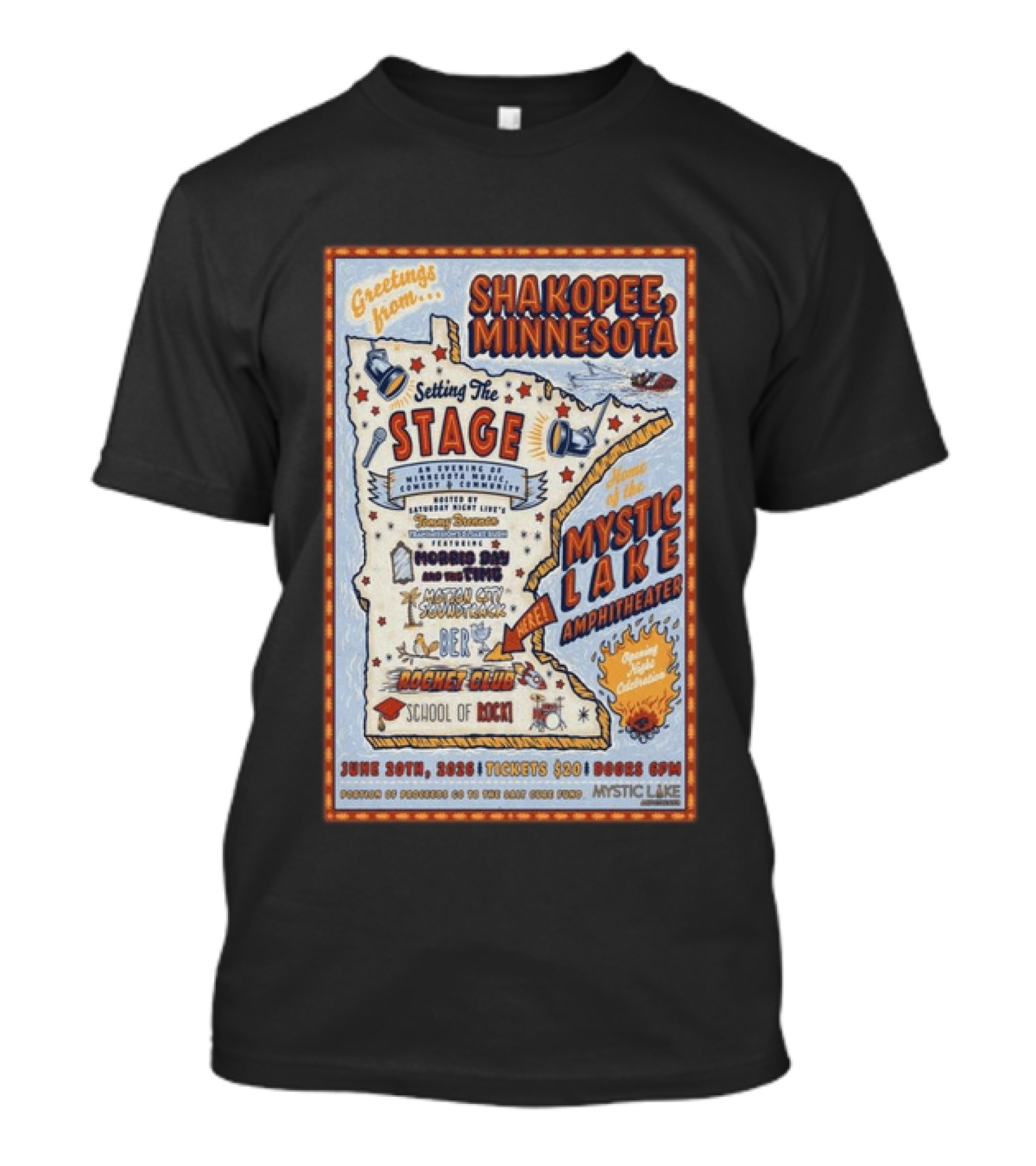 Greetings From Shakopee Minnesota Mystic Lake Amphitheater June 20 2026 Setting The Stage School Of Rock Band Event T-Shirt