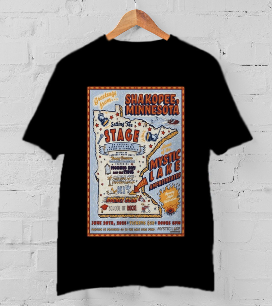 Greetings From Shakopee Minnesota Mystic Lake Amphitheater June 20 2026 Setting The Stage School Of Rock Band Event T-Shirt