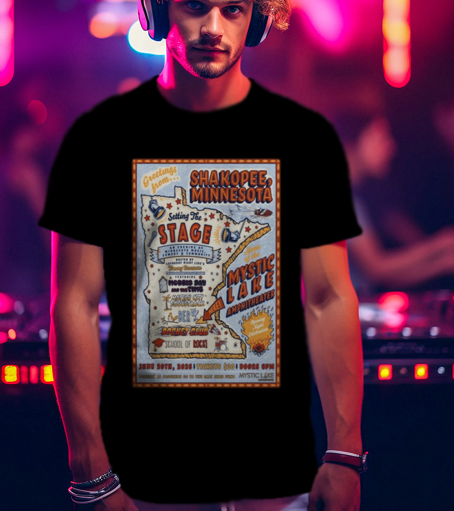 Greetings From Shakopee Minnesota Mystic Lake Amphitheater June 20 2026 Setting The Stage School Of Rock Band Event T-Shirt
