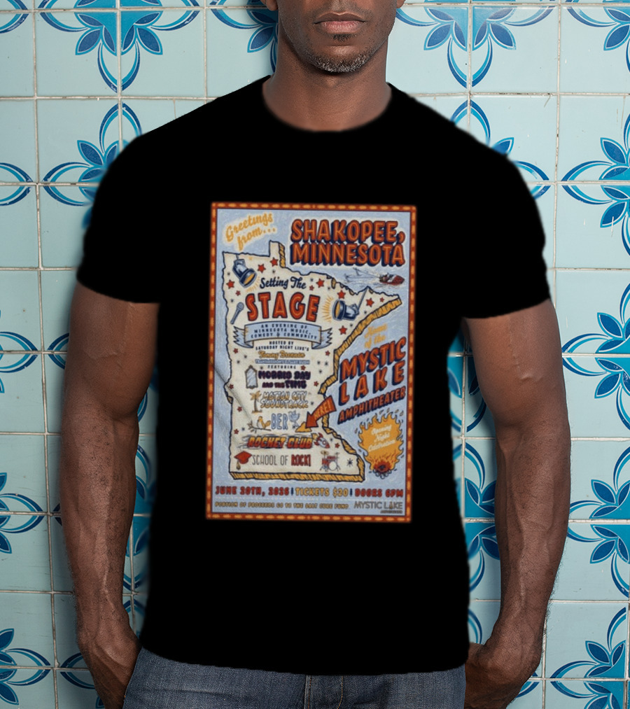 Greetings From Shakopee Minnesota Mystic Lake Amphitheater June 20 2026 Setting The Stage School Of Rock Band Event T-Shirt