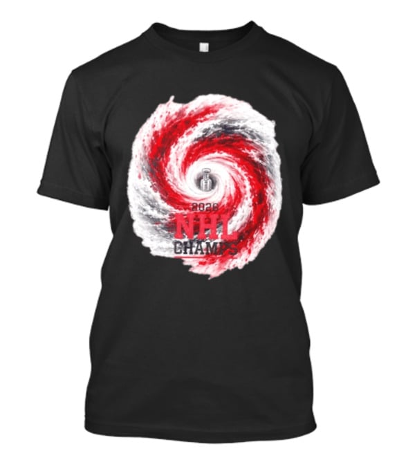 Carolina Hurricanes 2026 NHL Champs Storm With Hockey Trophy And Red Gray Swirl T-Shirt
