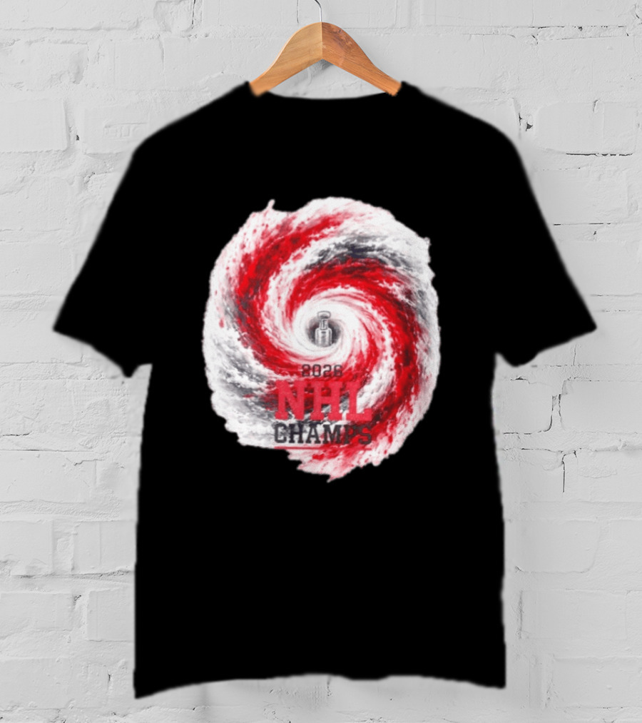 Carolina Hurricanes 2026 NHL Champs Storm With Hockey Trophy And Red Gray Swirl T-Shirt