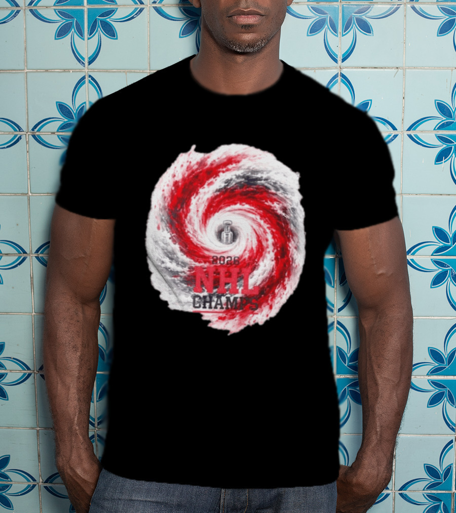Carolina Hurricanes 2026 NHL Champs Storm With Hockey Trophy And Red Gray Swirl T-Shirt