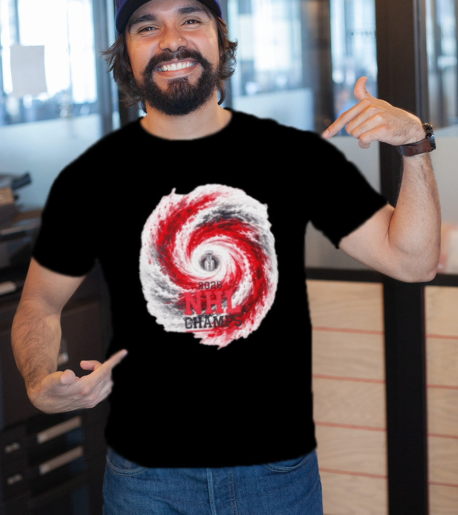 Carolina Hurricanes 2026 NHL Champs Storm With Hockey Trophy And Red Gray Swirl T-Shirt