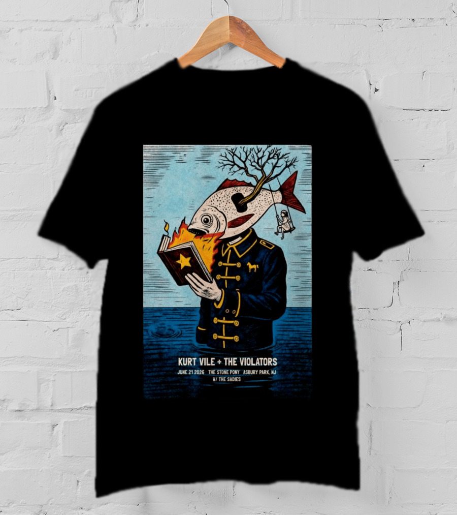 Kurt Vile + The Violators June 21 2026 Stone Pony Asbury Park NJ W/ The Sadies Surreal Fish Head Reading Book Burning Tree Swing T-Shirt