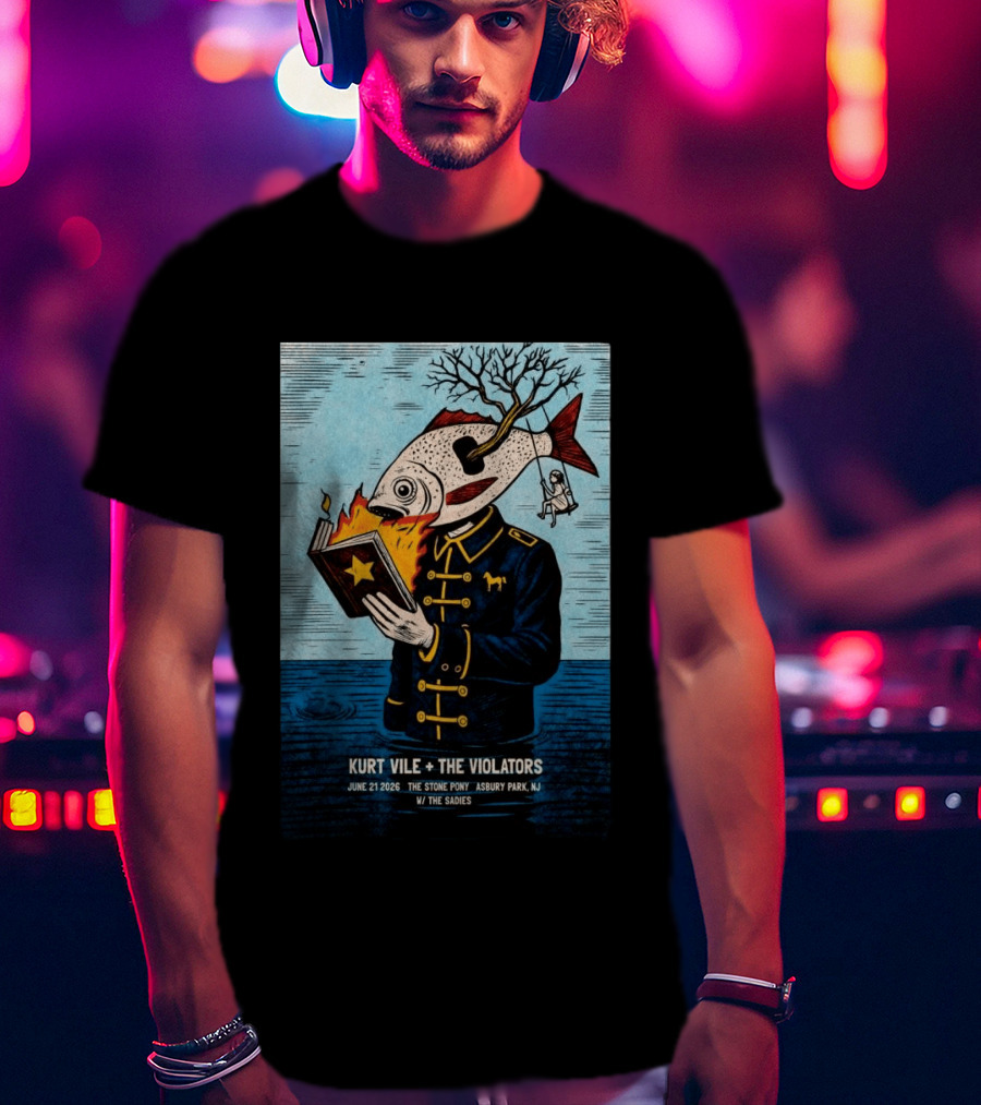 Kurt Vile + The Violators June 21 2026 Stone Pony Asbury Park NJ W/ The Sadies Surreal Fish Head Reading Book Burning Tree Swing T-Shirt