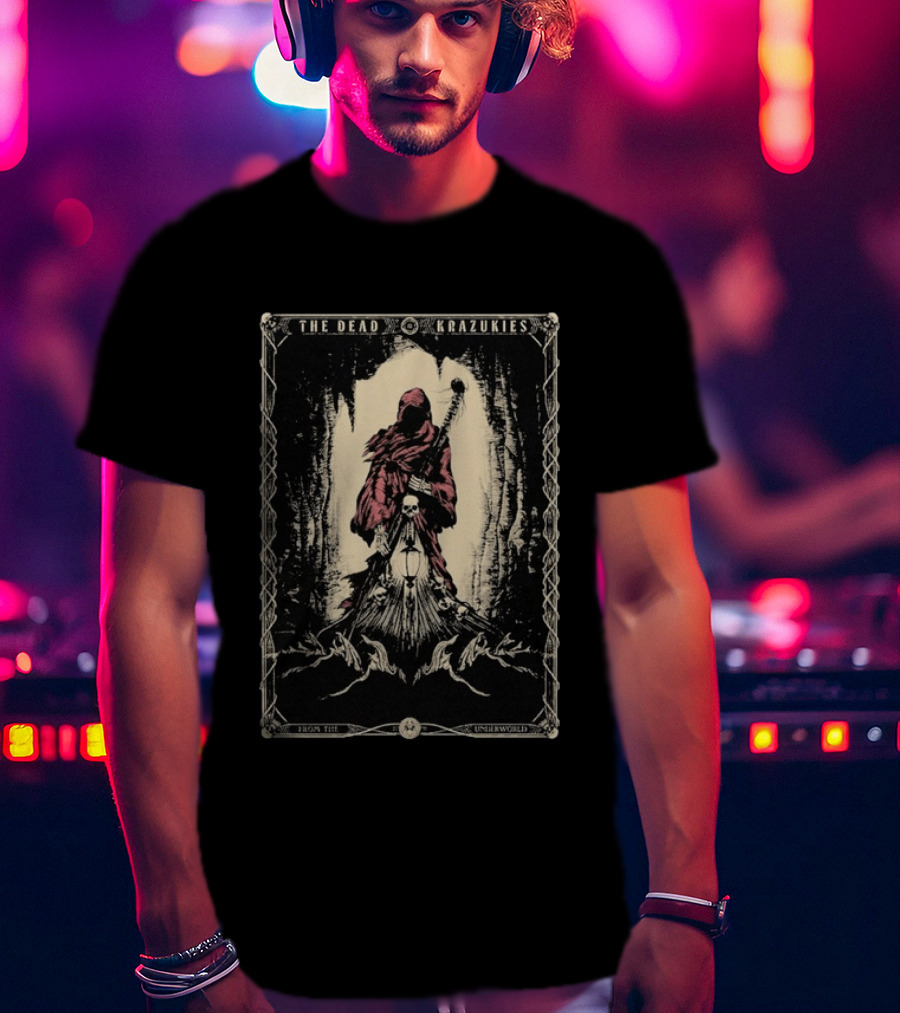 The Dead Krazukies From The Underworld Hooded Figure With Staff And Skulls T-Shirt