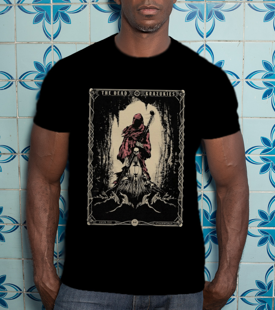 The Dead Krazukies From The Underworld Hooded Figure With Staff And Skulls T-Shirt