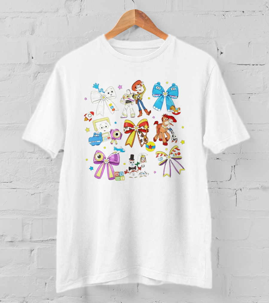 Woody Buzz Jessie Forky Andy Toy Story Characters With Colorful Bows T-Shirt