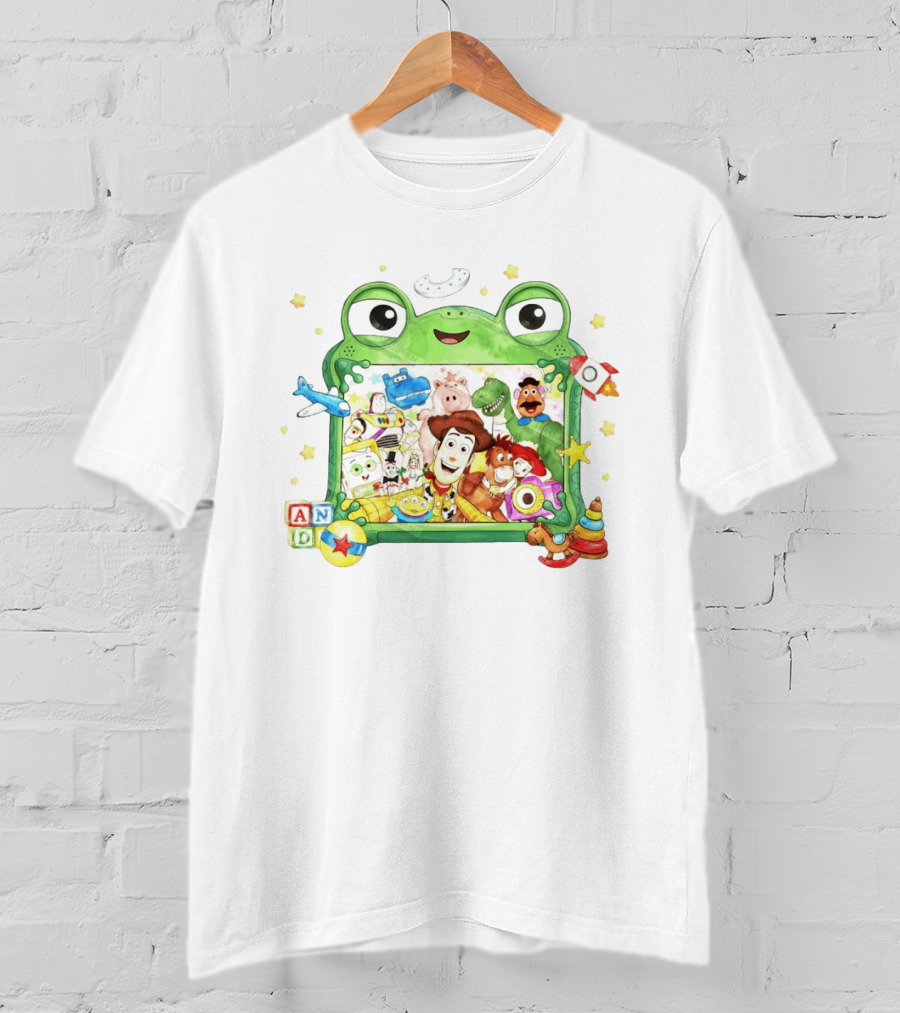 Woody And Buzz Lightyear Toy Story Characters Inside Frog Frame With Andy Blocks T-Shirt