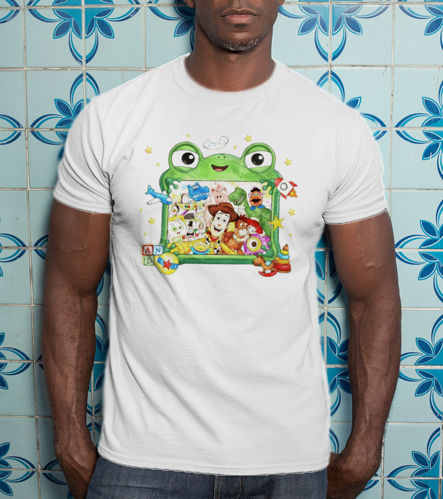 Woody And Buzz Lightyear Toy Story Characters Inside Frog Frame With Andy Blocks T-Shirt