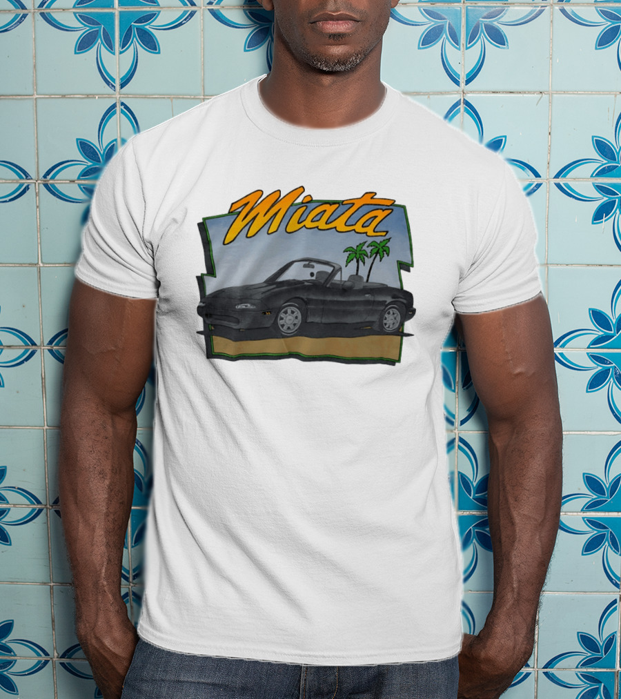 Miata Mazda NA Roadster Convertible With Palm Trees Beach Scene T-Shirt
