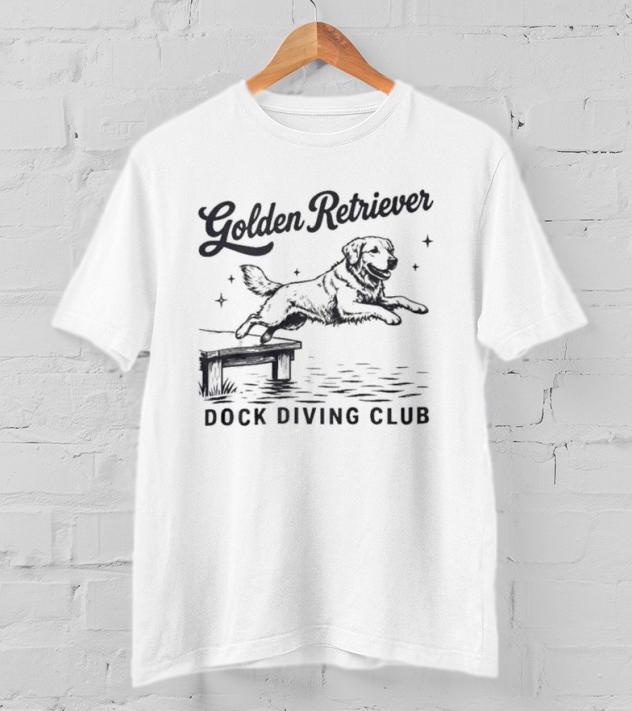 Golden Retriever Dock Diving Club Vintage Style Black And White Dog T-Shirt