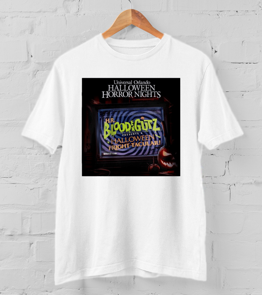 Universal Orlando Halloween Horror Nights HR Blood N Gutz Presents A Halloween Fright Tacular TV Experience T-Shirt