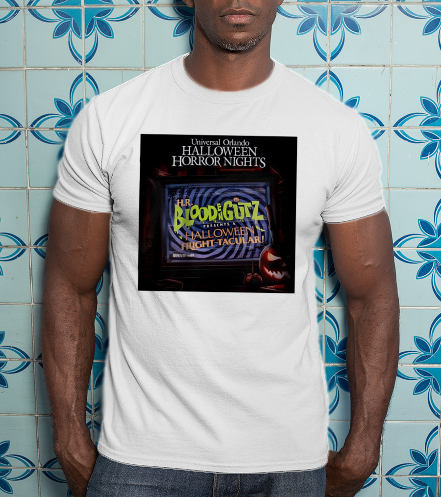 Universal Orlando Halloween Horror Nights HR Blood N Gutz Presents A Halloween Fright Tacular TV Experience T-Shirt