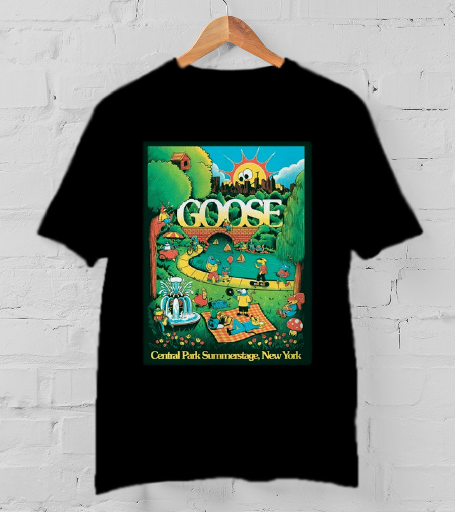 Goose Central Park Summerstage New York 2026 June 21 Lewy Jones Vibrant Park Scene With Sun And Fountain T-Shirt