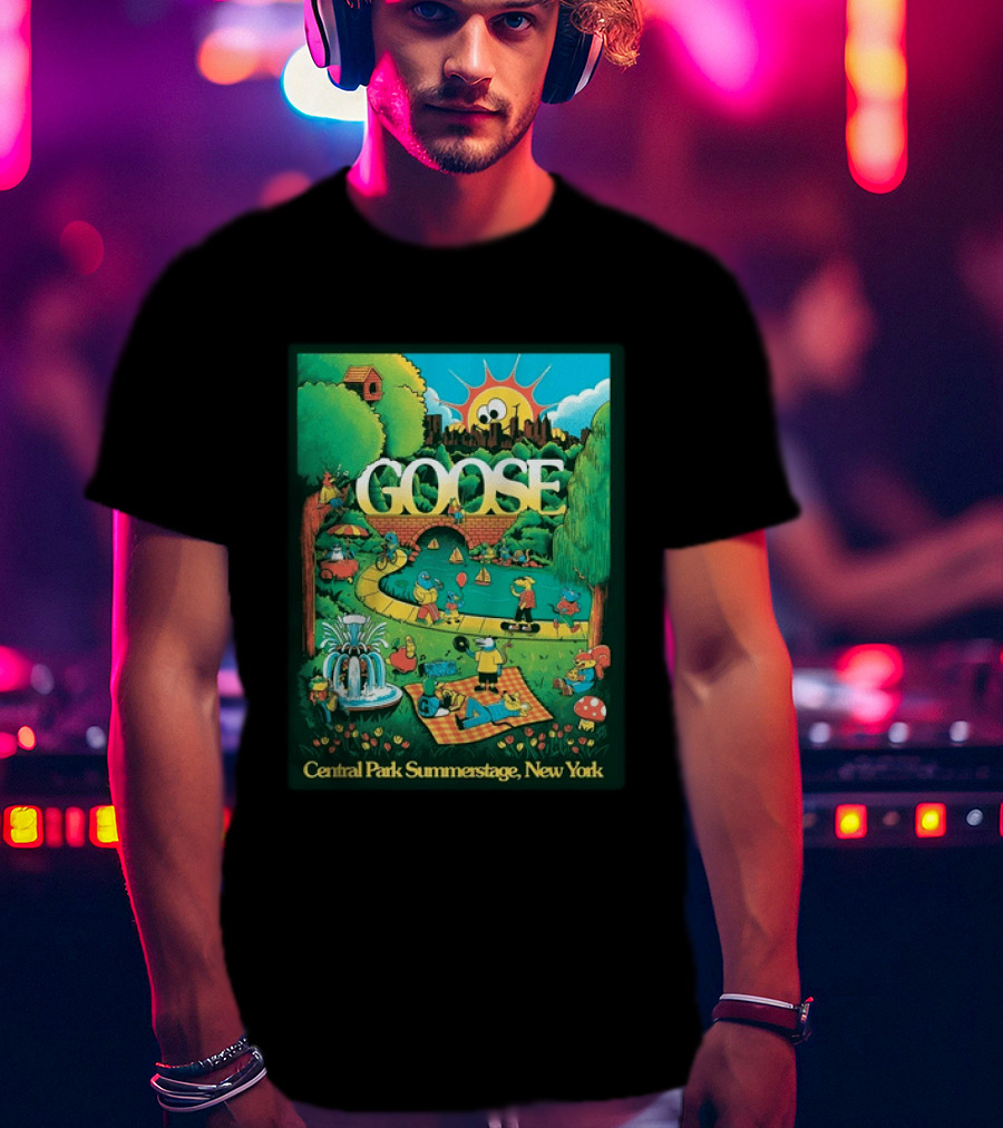 Goose Central Park Summerstage New York 2026 June 21 Lewy Jones Vibrant Park Scene With Sun And Fountain T-Shirt