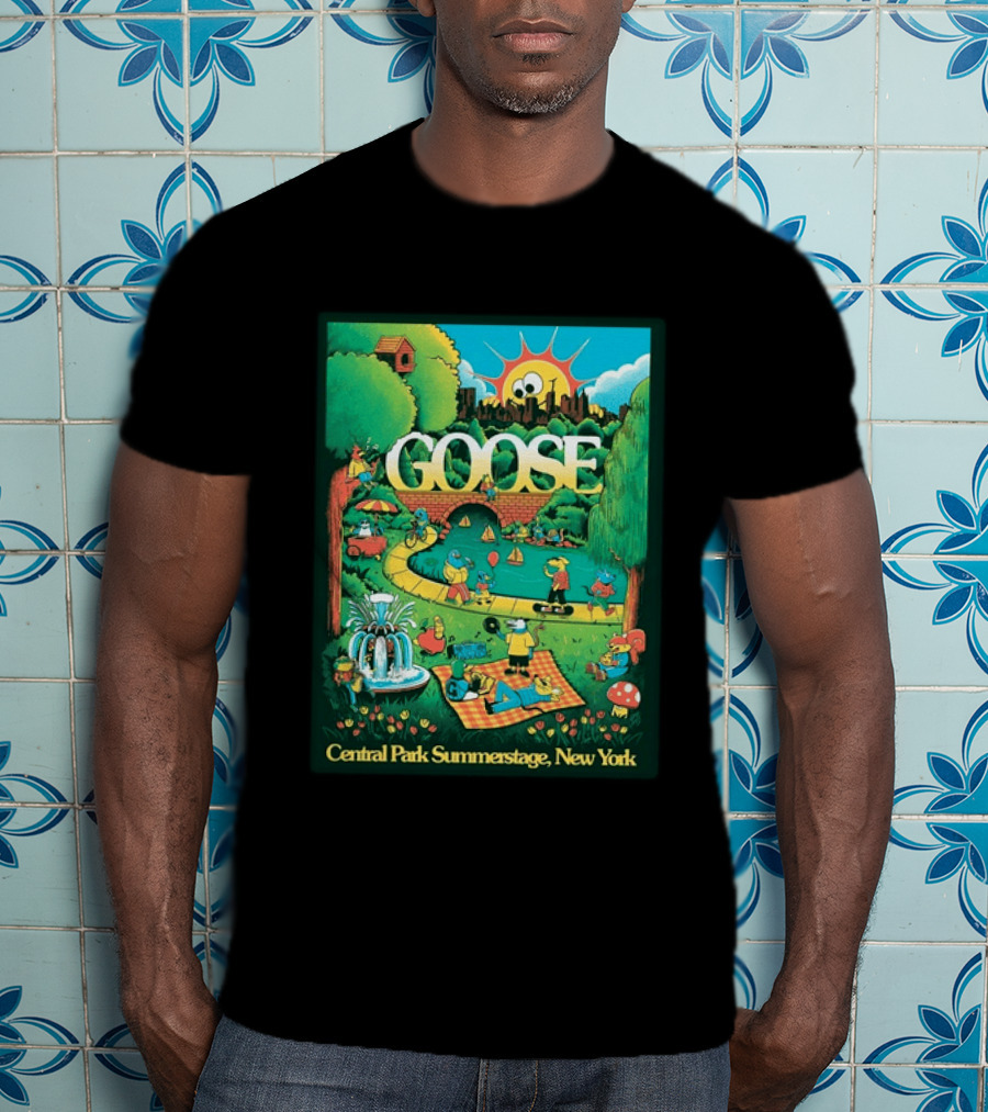 Goose Central Park Summerstage New York 2026 June 21 Lewy Jones Vibrant Park Scene With Sun And Fountain T-Shirt