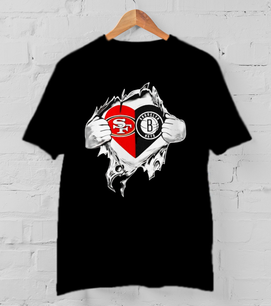 San Francisco 49ers Brooklyn Nets Heart Design Scratch Image T-Shirt