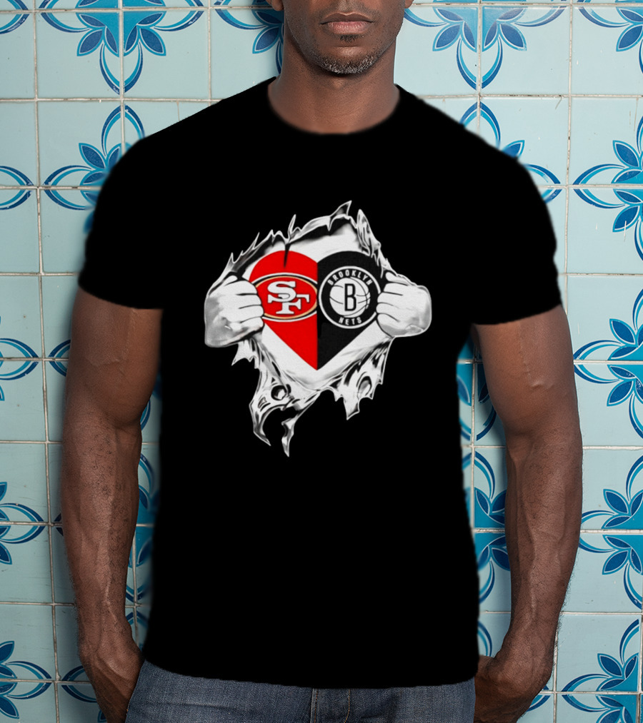 San Francisco 49ers Brooklyn Nets Heart Design Scratch Image T-Shirt