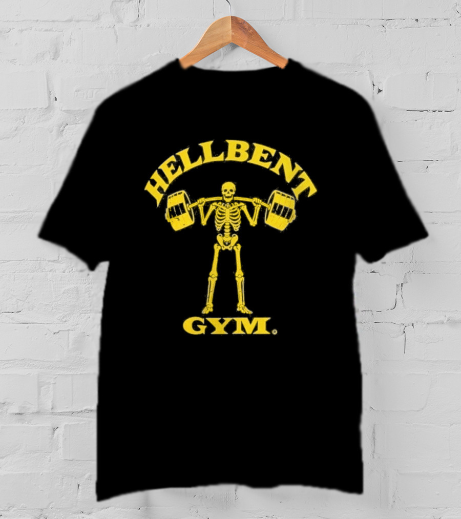 Hellbent Gym Skeleton Lifting Weights Yellow T-Shirt