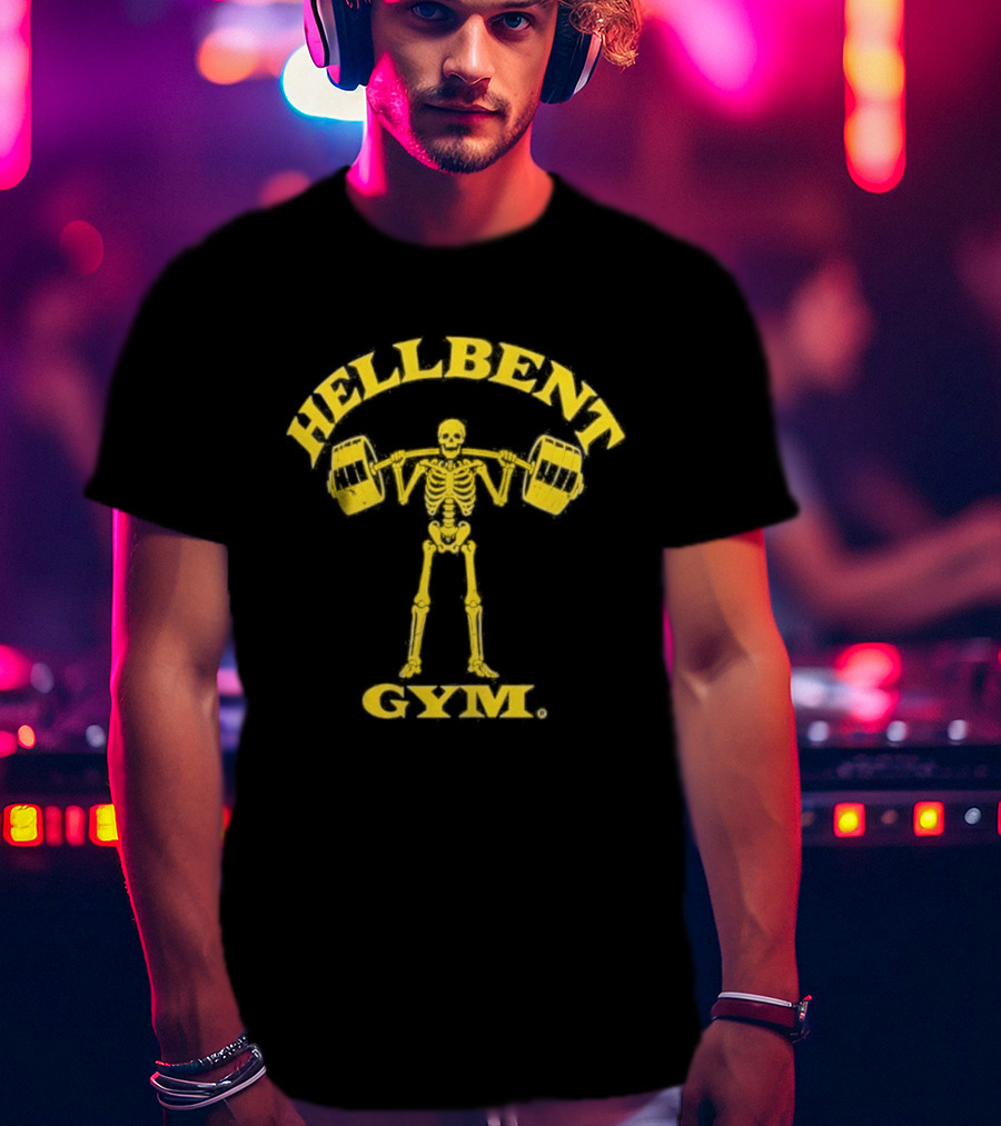 Hellbent Gym Skeleton Lifting Weights Yellow T-Shirt