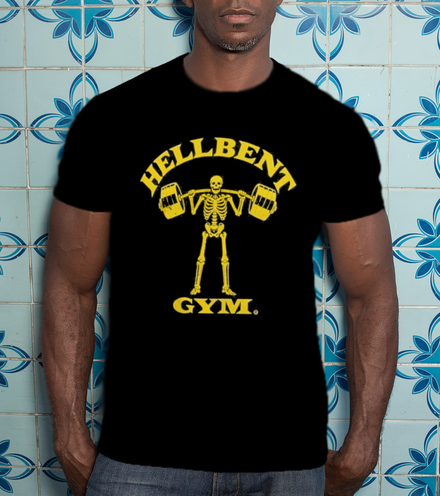 Hellbent Gym Skeleton Lifting Weights Yellow T-Shirt