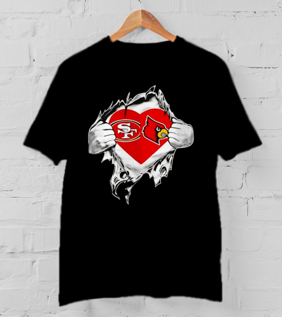 Louisville Cardinals San Francisco 49ers Heart Torn Edge Team Pride T-Shirt
