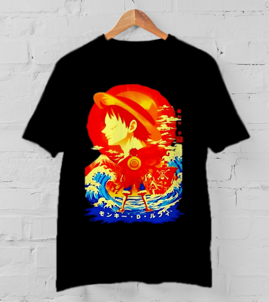 Monkey D. Luffy Straw Hat Waves Japanese Text One Piece Anime T-Shirt