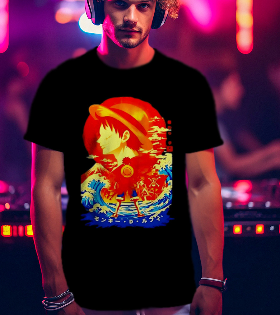 Monkey D. Luffy Straw Hat Waves Japanese Text One Piece Anime T-Shirt