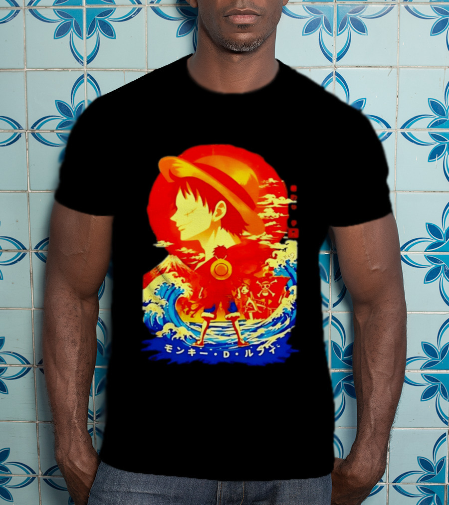 Monkey D. Luffy Straw Hat Waves Japanese Text One Piece Anime T-Shirt
