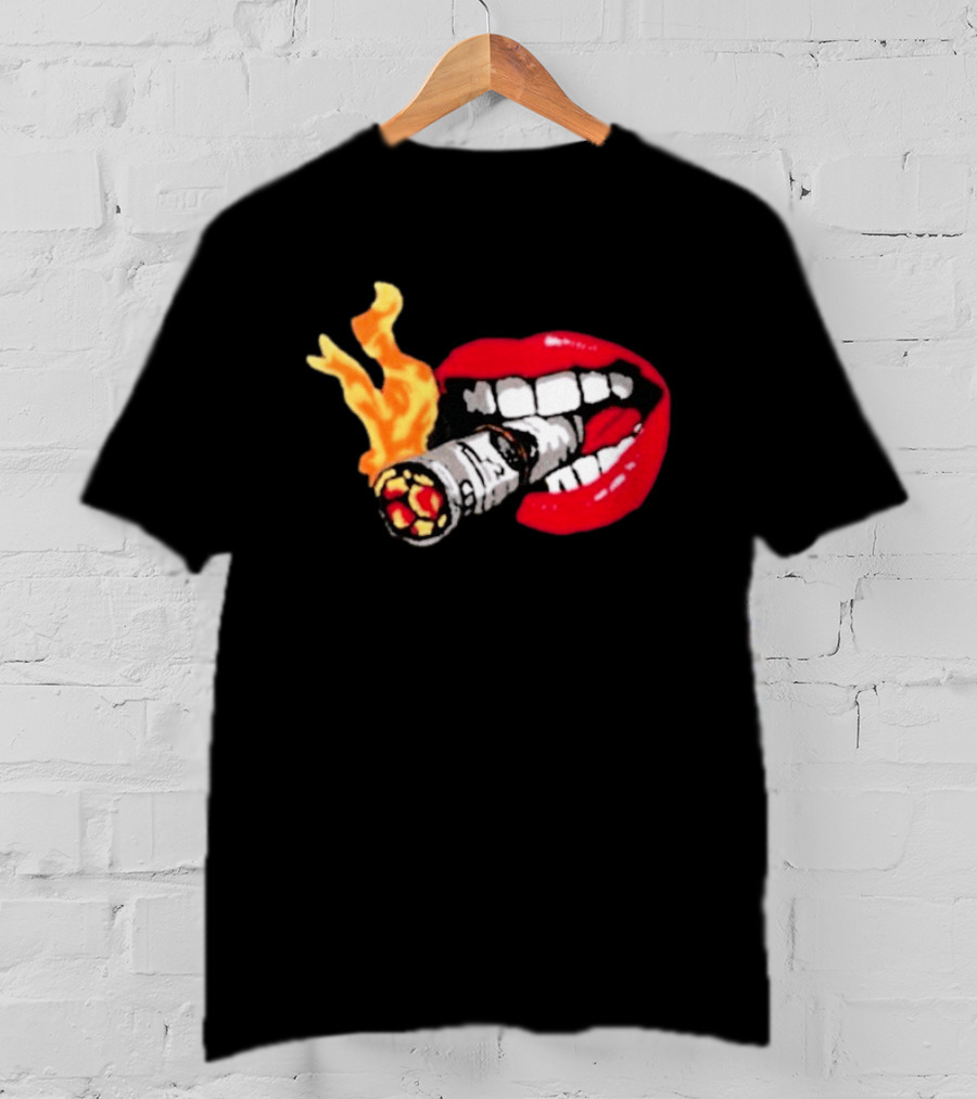 Flaming Smoking Money Lips Chenille T-Shirt