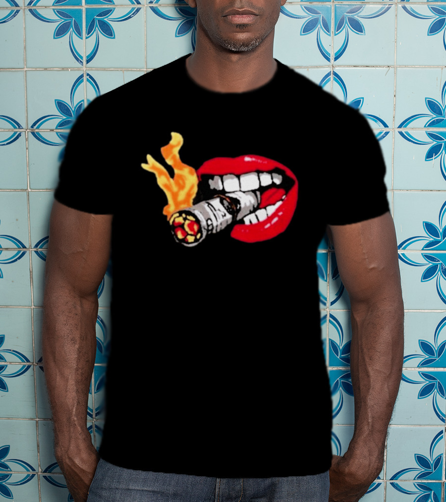Flaming Smoking Money Lips Chenille T-Shirt