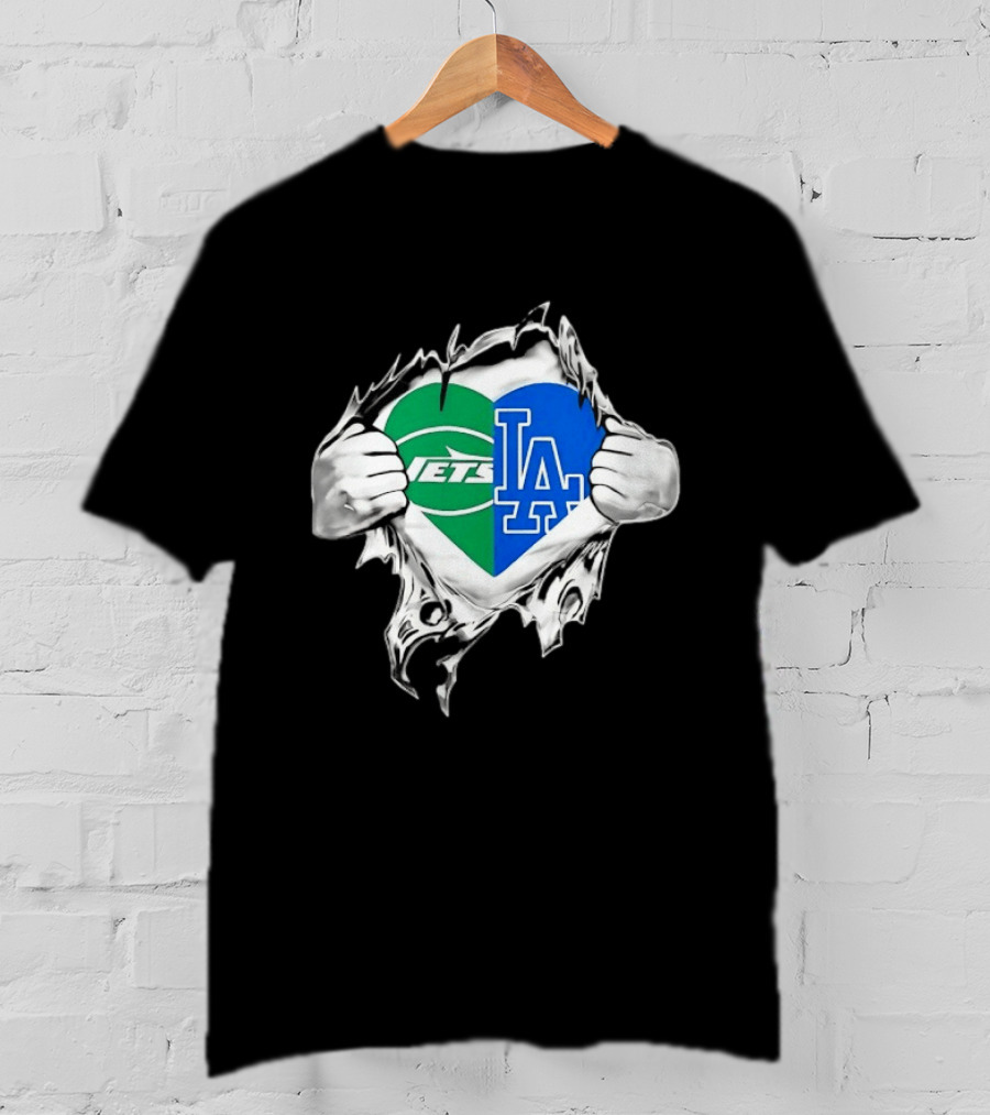 New York Jets Los Angeles Dodgers Heart Scratch T-Shirt