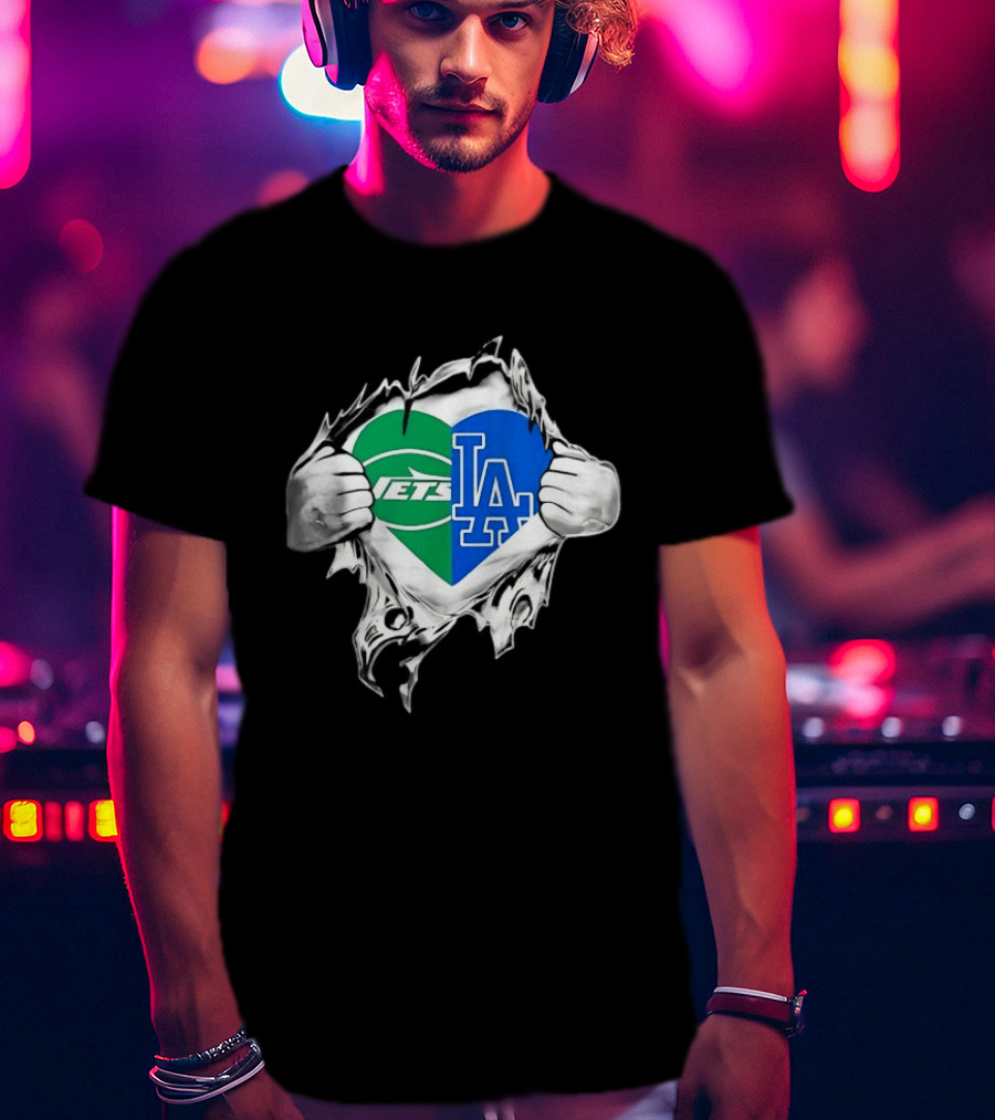 New York Jets Los Angeles Dodgers Heart Scratch T-Shirt