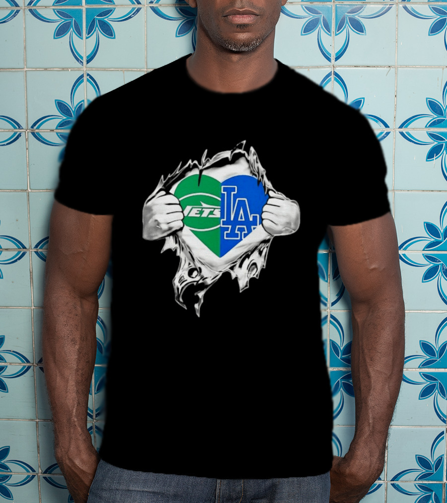 New York Jets Los Angeles Dodgers Heart Scratch T-Shirt