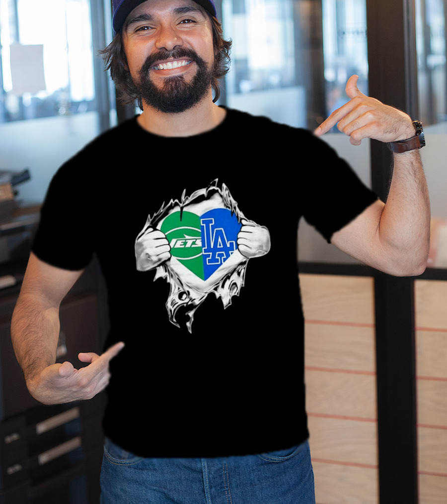 New York Jets Los Angeles Dodgers Heart Scratch T-Shirt