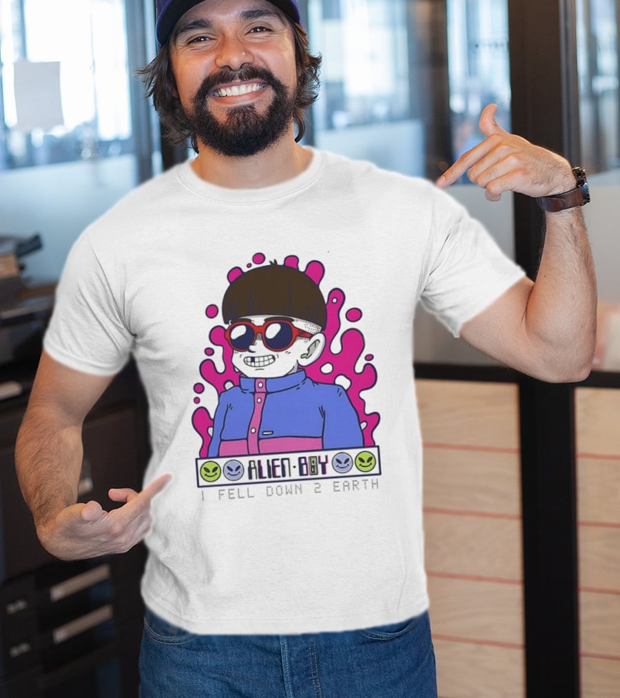 Alien Boy I Fell Down 2 Earth Cool Kid Retro Pink Smiley Vibes T-Shirt