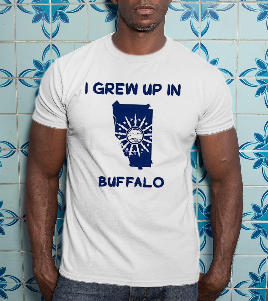 I Grew Up In Buffalo Map With Buffalo Silhouette And Sunburst T-Shirt