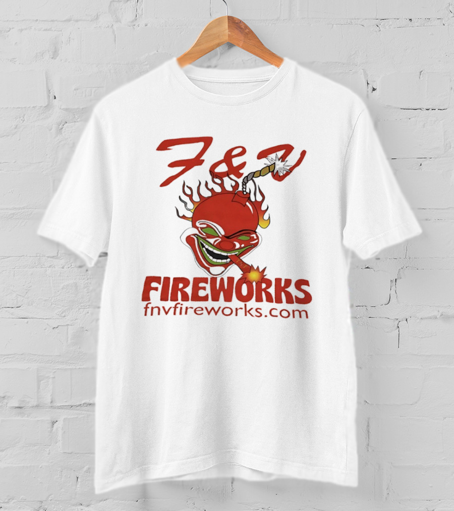 F & V Fireworks Clown Logo With Lit Firecracker And Fnvfireworks.com T-Shirt