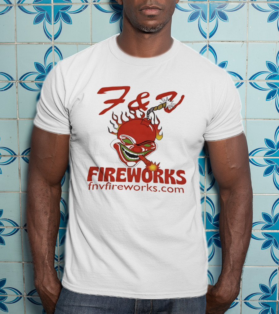 F & V Fireworks Clown Logo With Lit Firecracker And Fnvfireworks.com T-Shirt