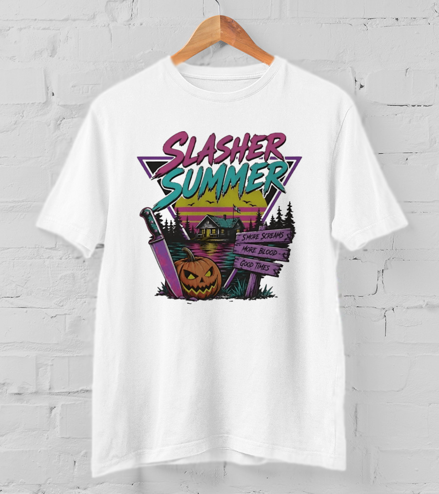 Slasher Summer S'more Screams More Blood Good Times Cabin Pumpkin Knife T-Shirt