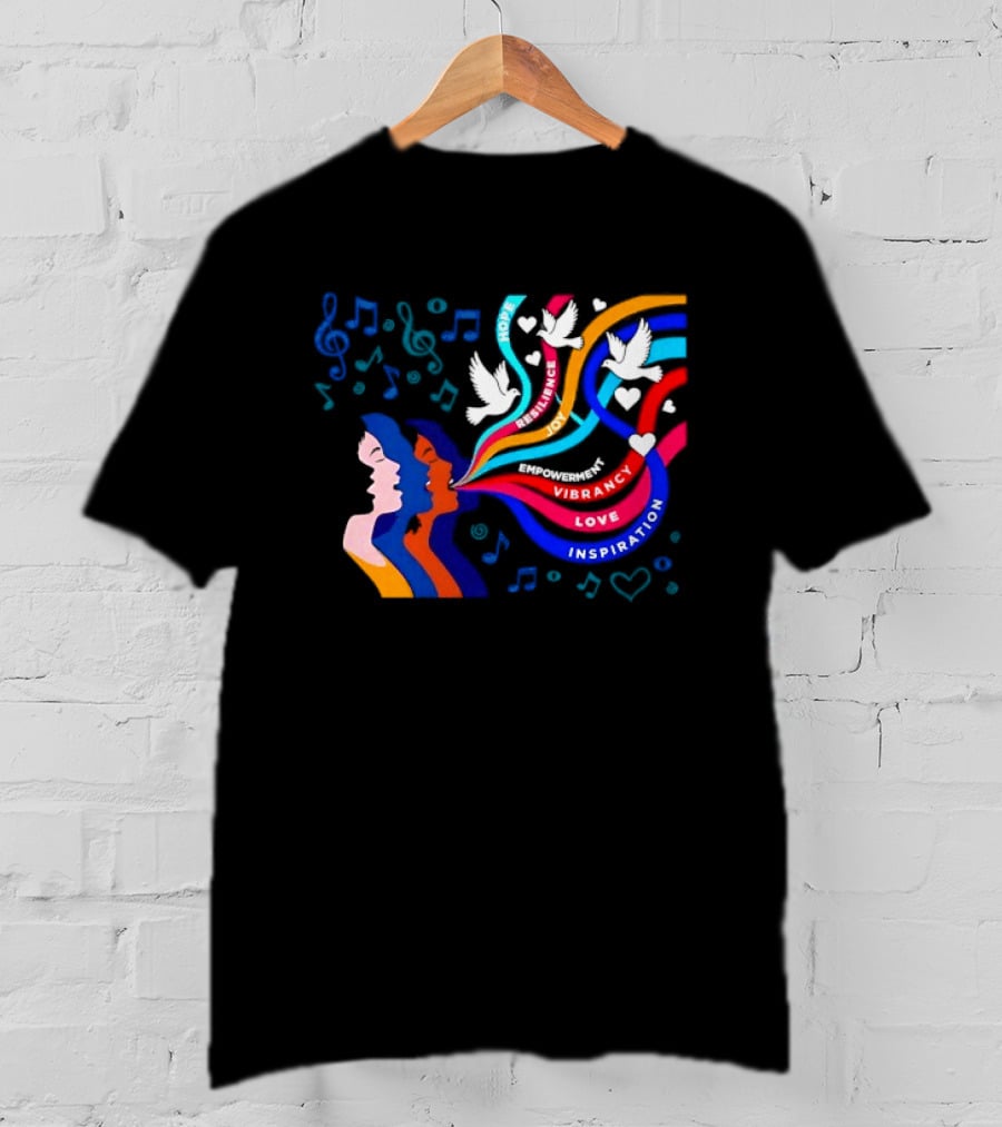 Women's Music Hope Resilience Joy Empowerment Vibrancy Love Inspiration Doves Notes Hearts T-Shirt