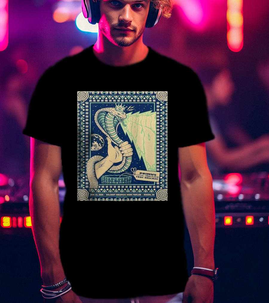 Primus Claypool Lennon Delirium Frog Brigade Tour June 22 2026 Walmart Arkansas Music Pavilion Rogers Cobra Hand T-Shirt