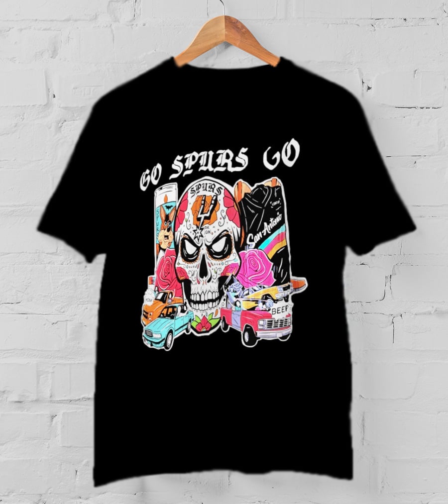 San Antonio Spurs Sugar Skull Go Spurs Go Vintage Cars Roses T-Shirt