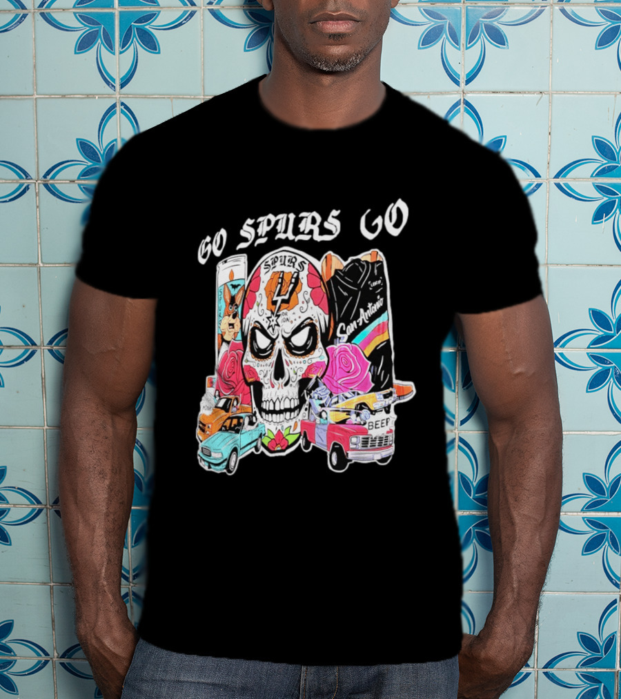 San Antonio Spurs Sugar Skull Go Spurs Go Vintage Cars Roses T-Shirt