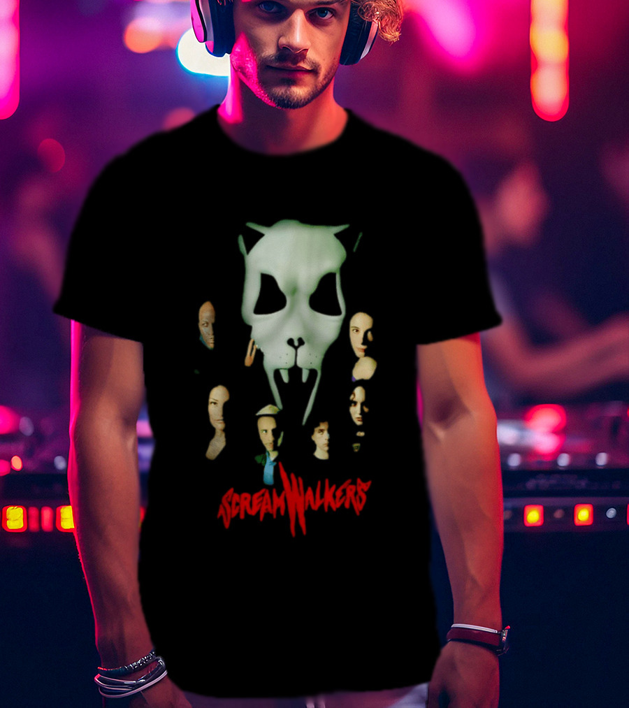 Screamwalkers Movie Cast Ensemble With Giant Mask Horror Faces T-Shirt